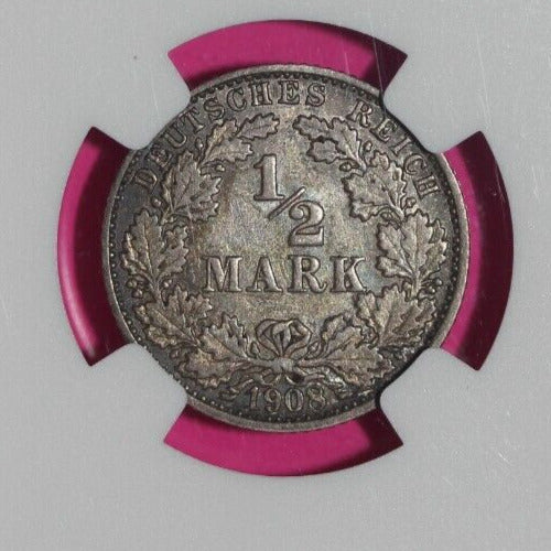 1908 J AU 58 Germany 1/2 Mark Silver NGC Graded Certified Authentic Slab 1091