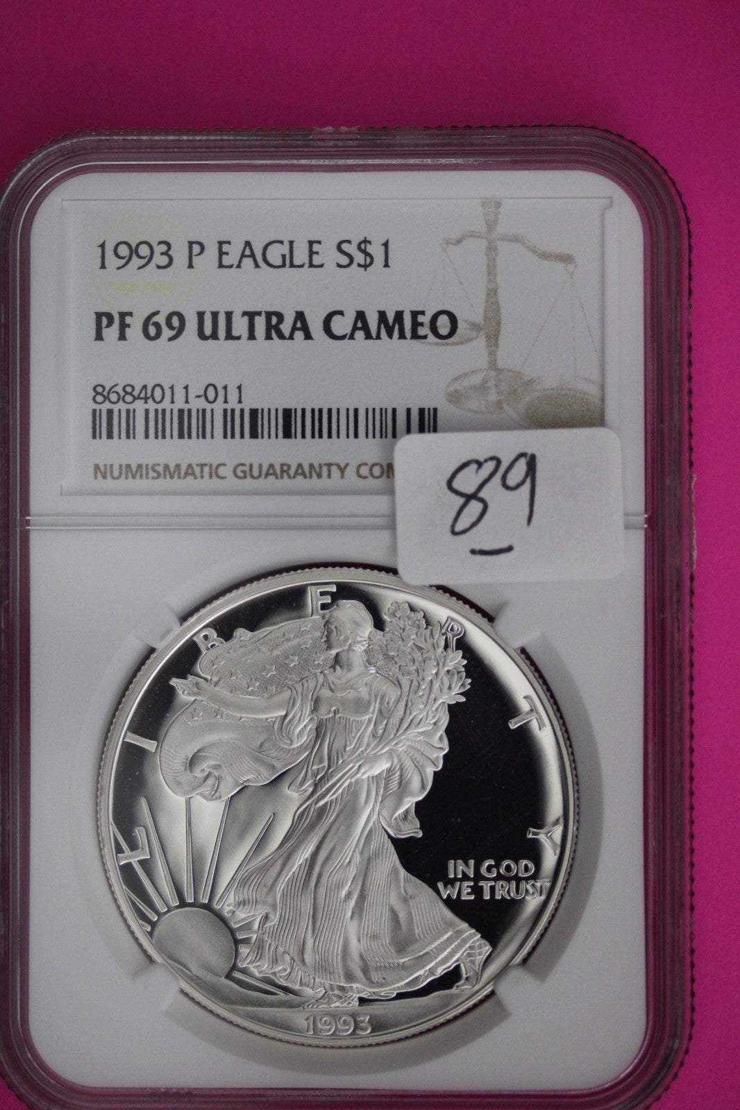 1993 P PF 69 American Silver Eagle Proof Ultra Cameo NGC Graded Authentic 89