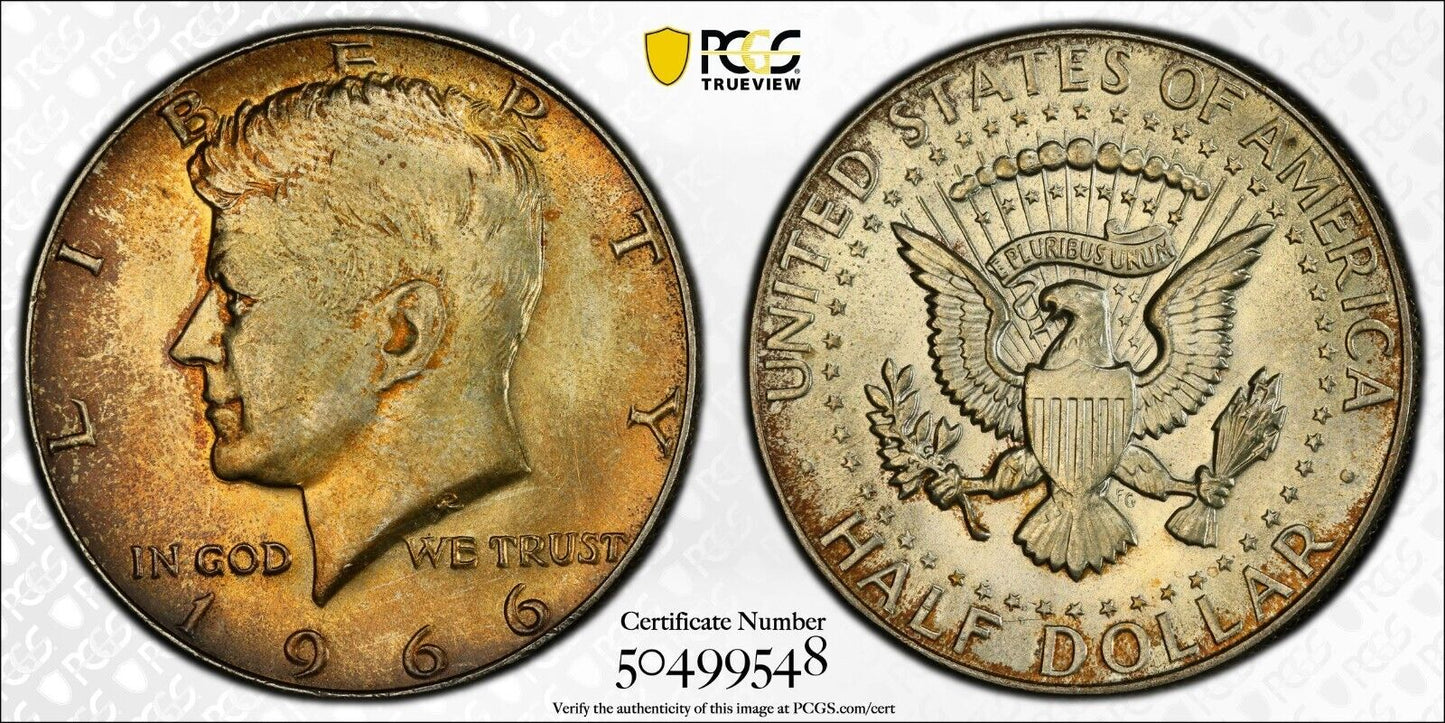 Toned 1966 Silver MS 65 John F Kennedy Silver Half Dollar PCGS Graded Slab 138