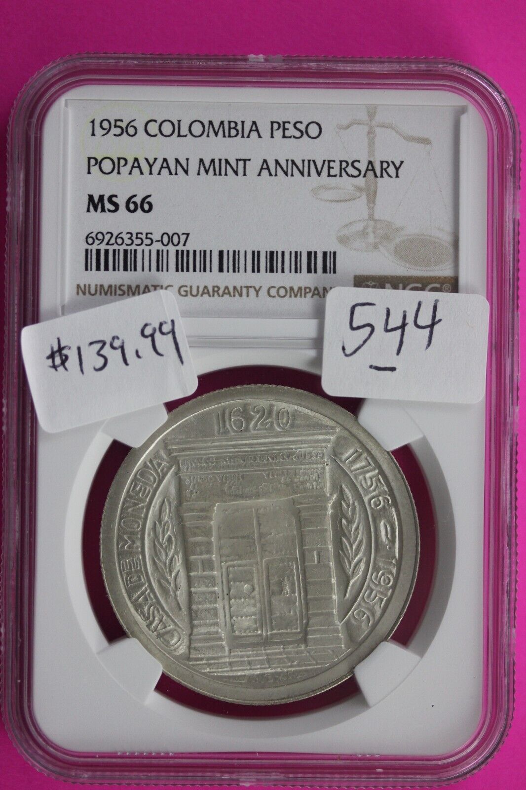 1956 MS 66 Colombia Peso Popayan Mint Anniversary Silver Coin NGC Graded 544