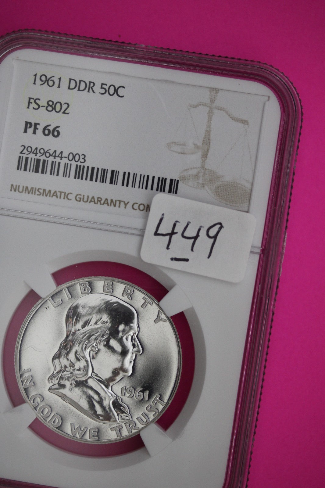 Mint Error 1961 PF 66 DDR FS-803 Ben Franklin Silver Half Dollar NGC Slab 449