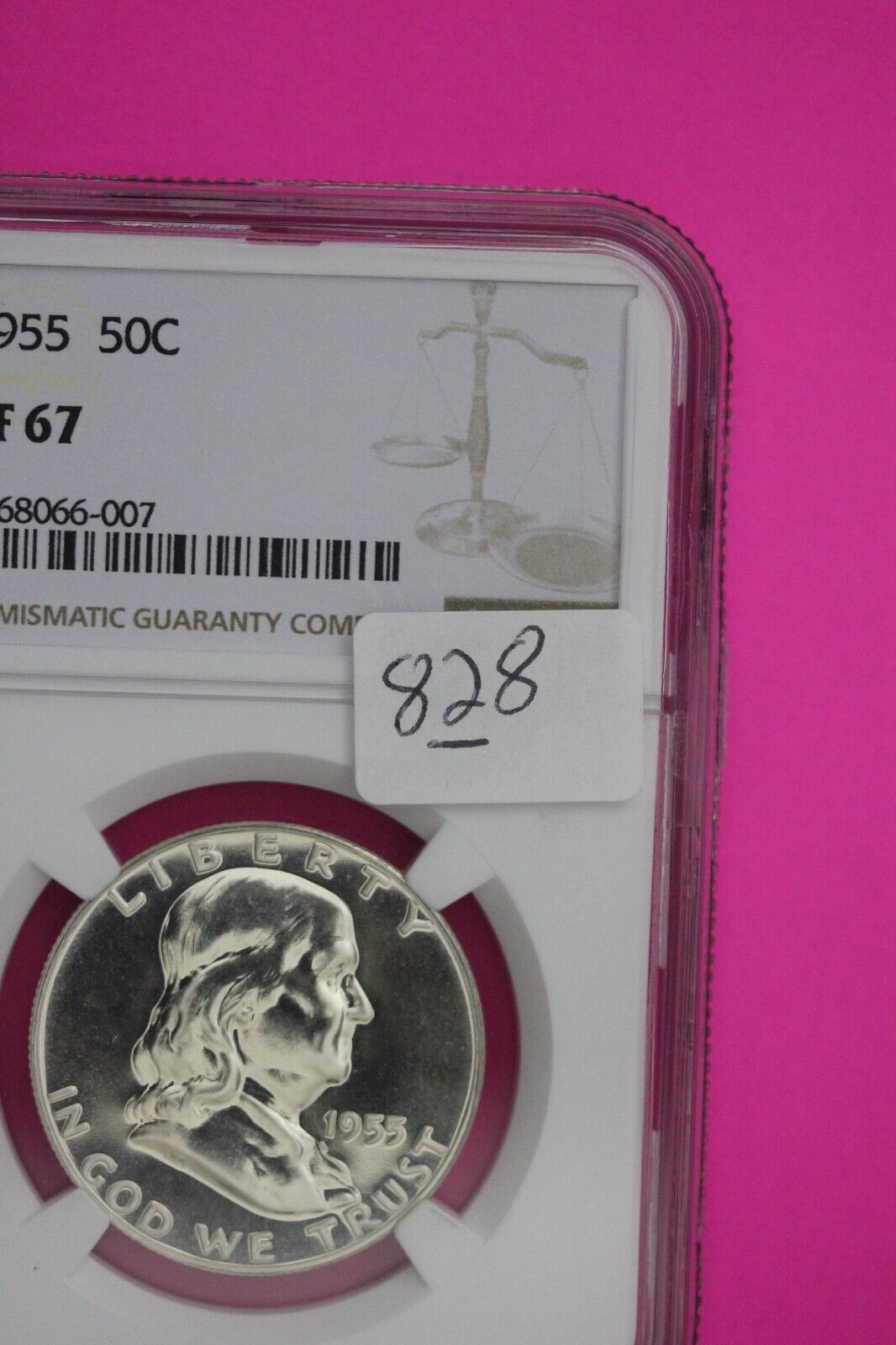 1955 PF 67 Ben Franklin Silver Proof Half Dollar NGC Graded Certified Slab 828