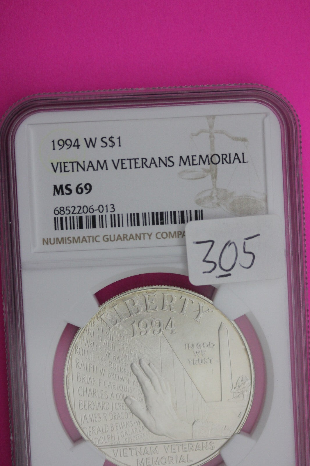 1994 W MS 69 Vietnam Veterans Memorial Commemorative Silver Dollar NGC Slab 305