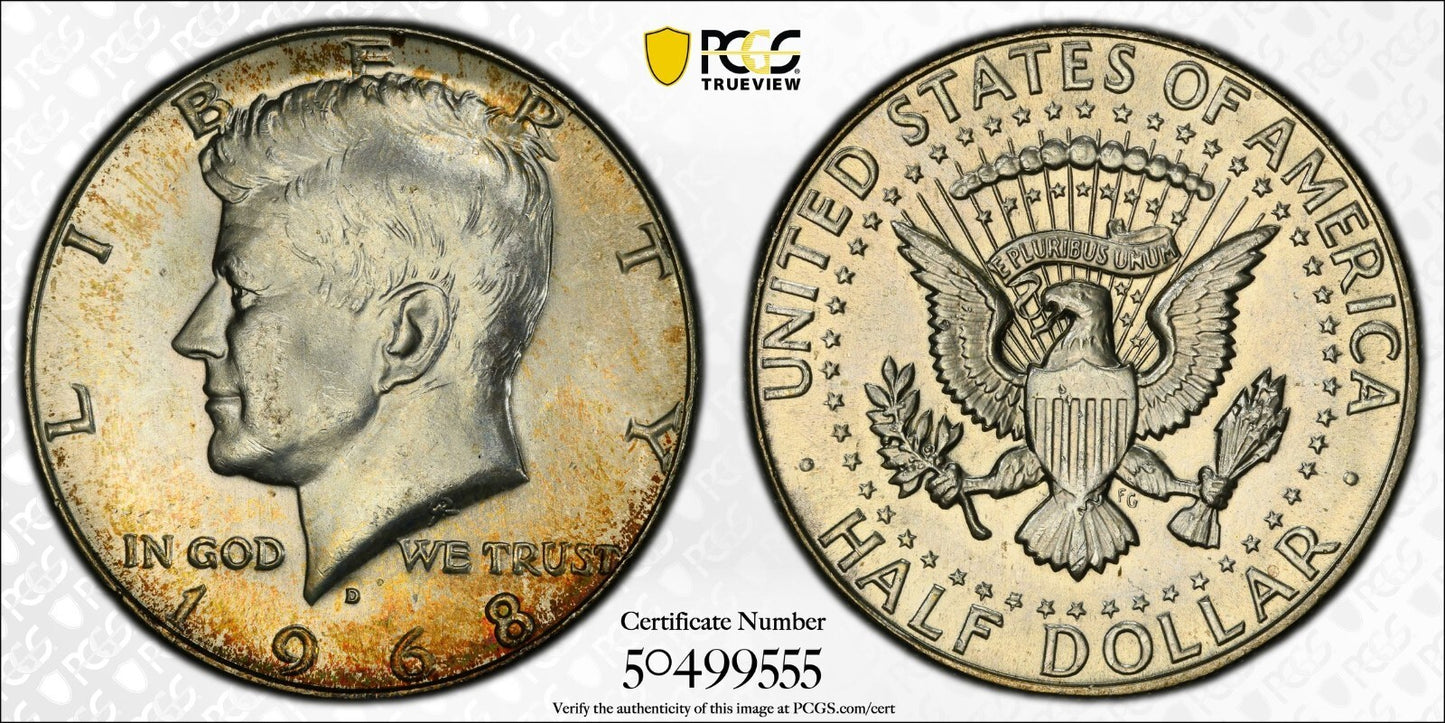 Toned 1968 D Silver MS 65 John F Kennedy Silver Half Dollar PCGS Graded Slab 149