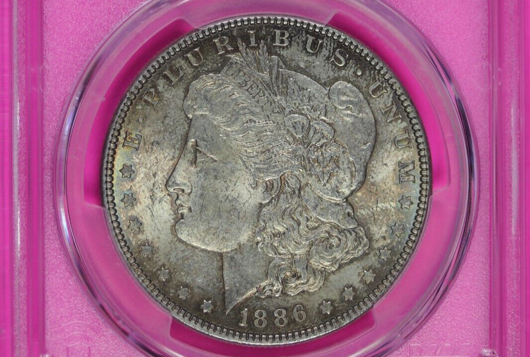 Rainbow Toned 1886 P MS 63 Morgan Liberty Silver Dollar PCGS Certified Slab 986