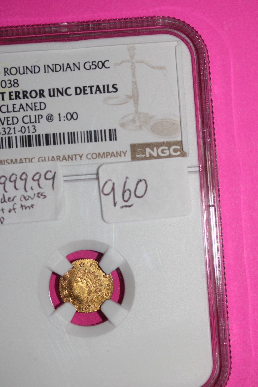 1876 Gold Round Indian Head 50 Cents Mint Error Curved Clip Unc Details NGC 960