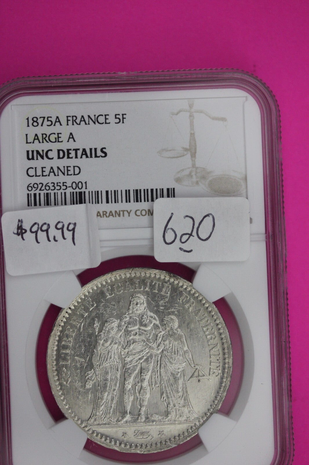 1875 A UNC Details France 5 Francs Silver Coin NGC Cleaned Certified Slab 620