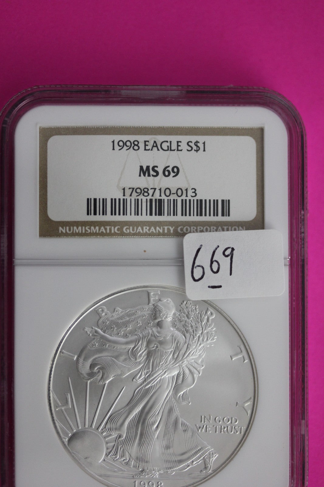 1998 MS 69 Silver Eagle 1 OZ .999 Silver NGC Certified Authentic Graded 669