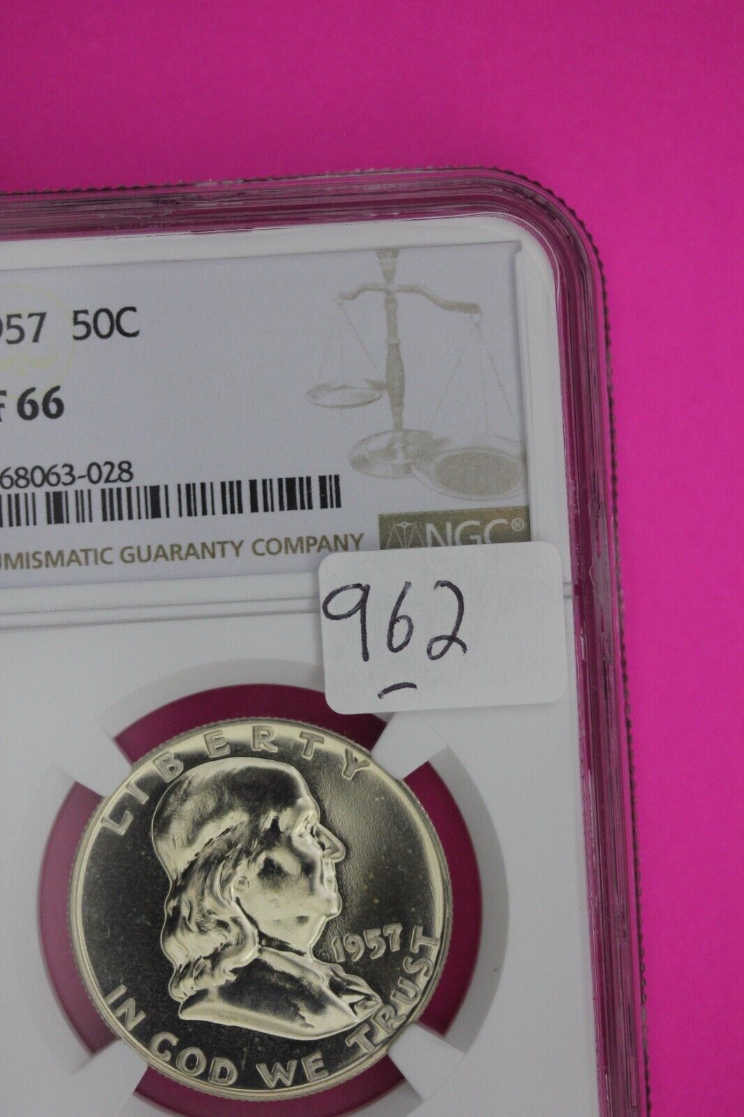 1957 PF 66 Ben Franklin Half Dollar High Grade Proof Silver Coin NGC Slab 962