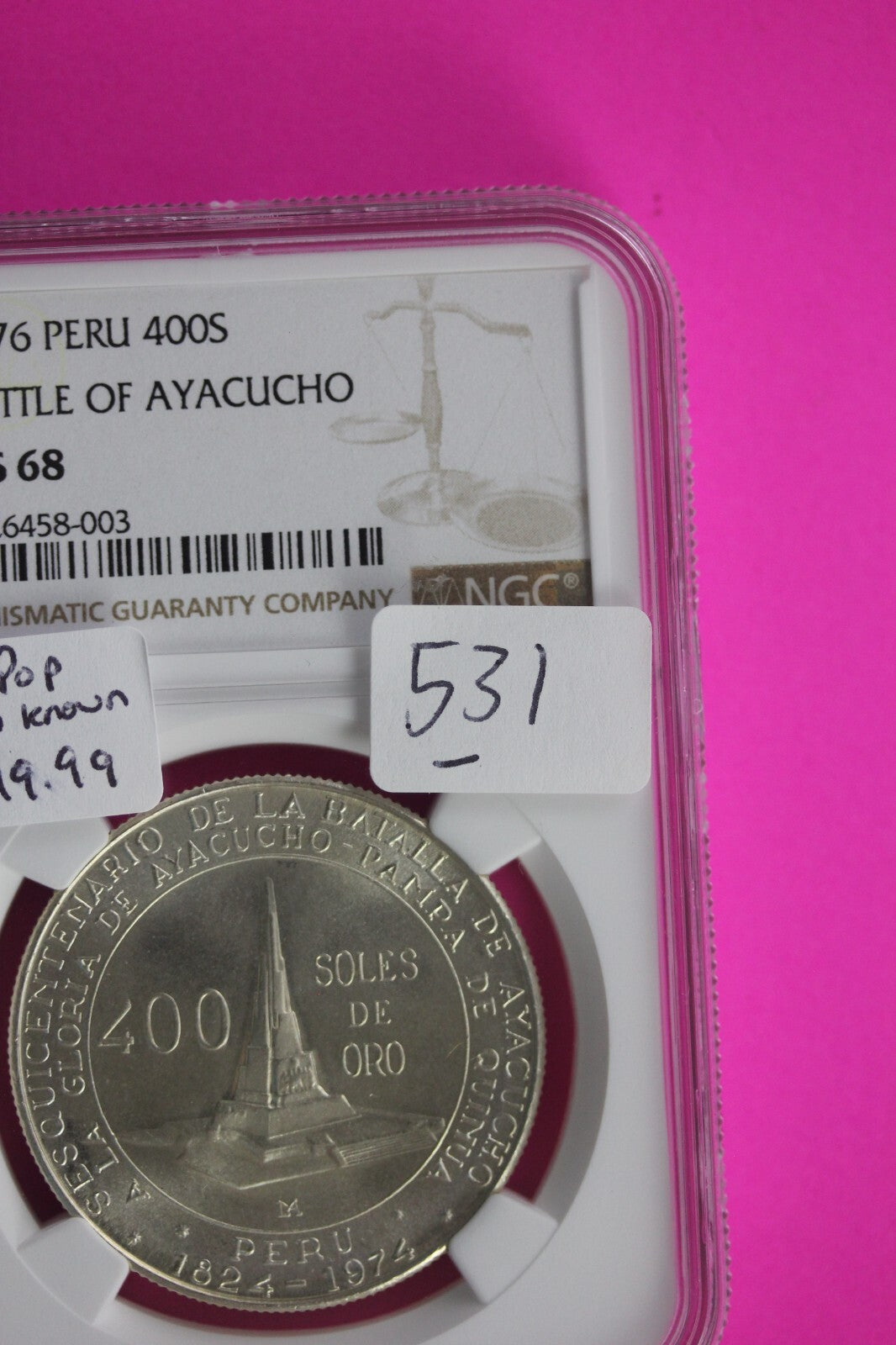 Top Pop 2 Known 1976 MS 68 Peru Battle Of Ayacucho 400S Silver Coin NGC Slab 531