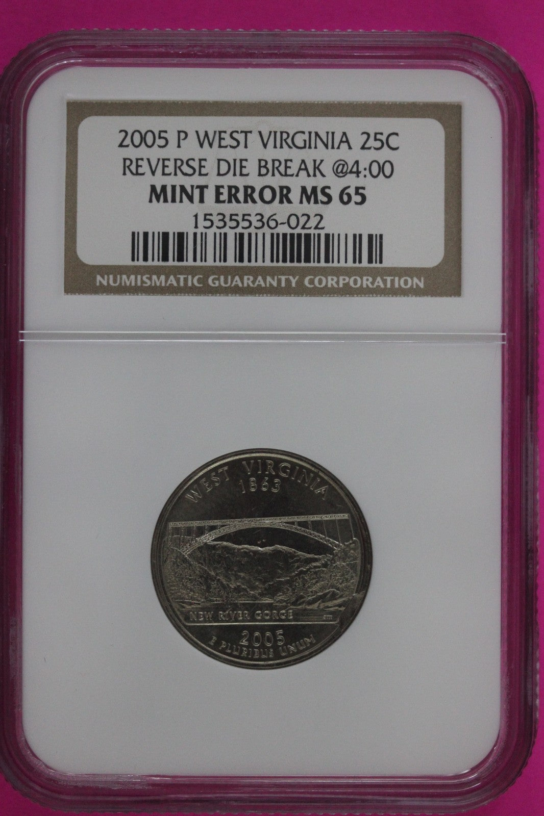 Mint Error Reverse Die Break 2005 P MS 62 West Virginia Quarter NGC Graded 163