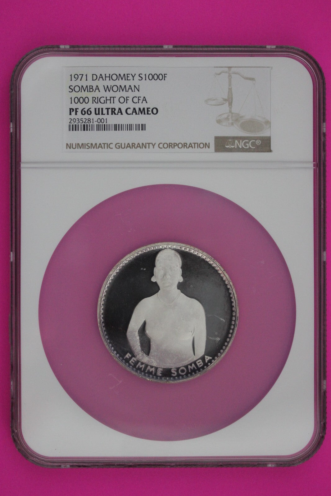 1971 PF 66 Dahomey Somba Woman 1000 Francs 1.65 Ounces .999 Silver NGC 7005