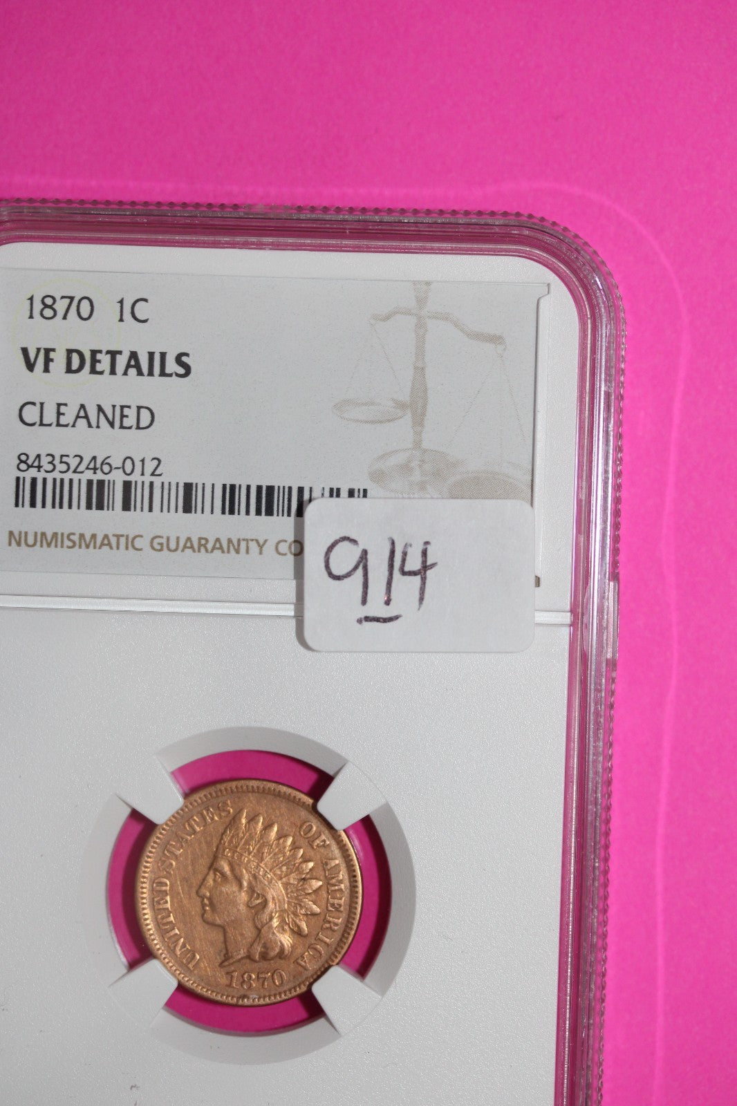 1870 Indian Head Cent Penny VF Details Cleaned NGC Certified Authentic Slab 914