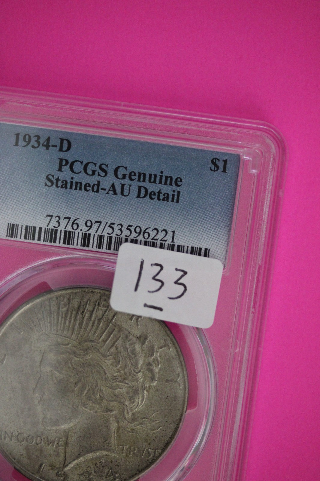 1934 D AU Detail Stained Peace Silver Dollar PCGS Certified Genuine Slab 133