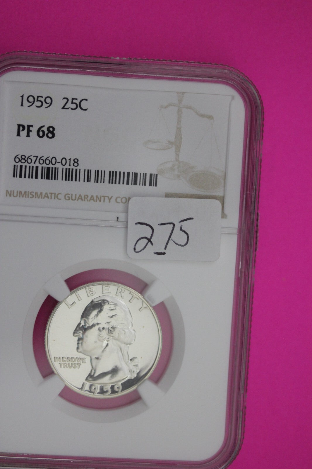 1959 PF 68 Proof Washington Silver Quarter NGC Certified Graded Authentic 275