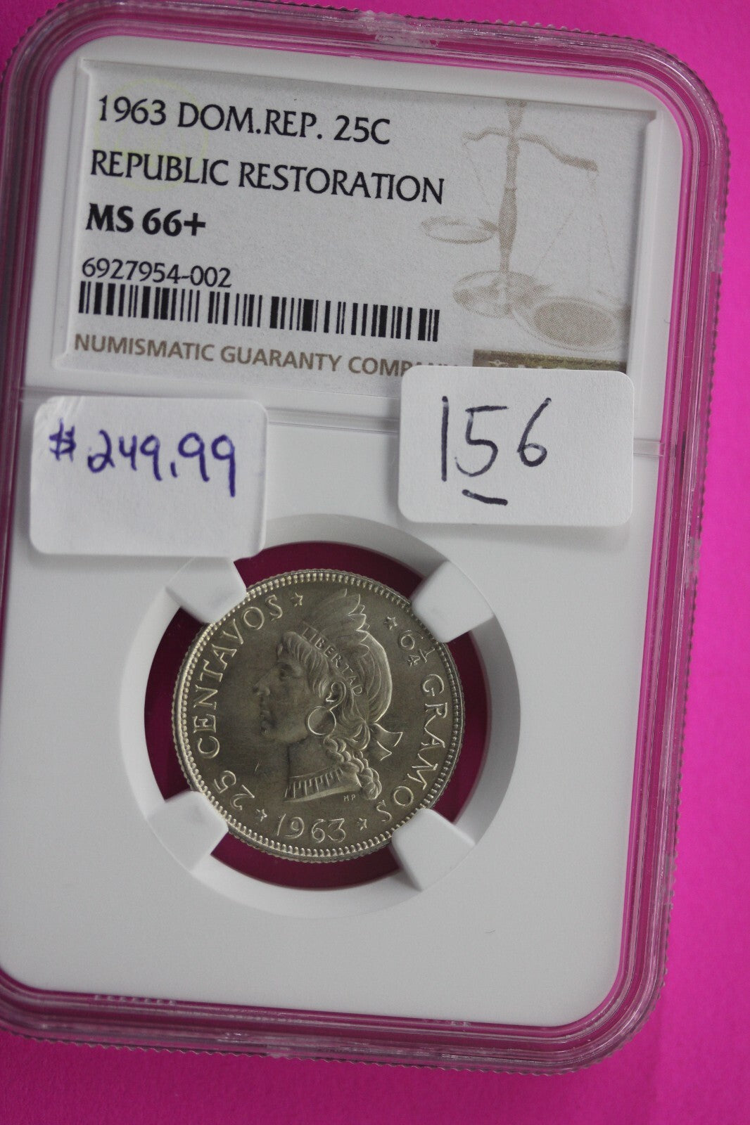 1963 MS 66+ Dominican Republic 25 Centavos Silver Coin NGC Certified Slab 156