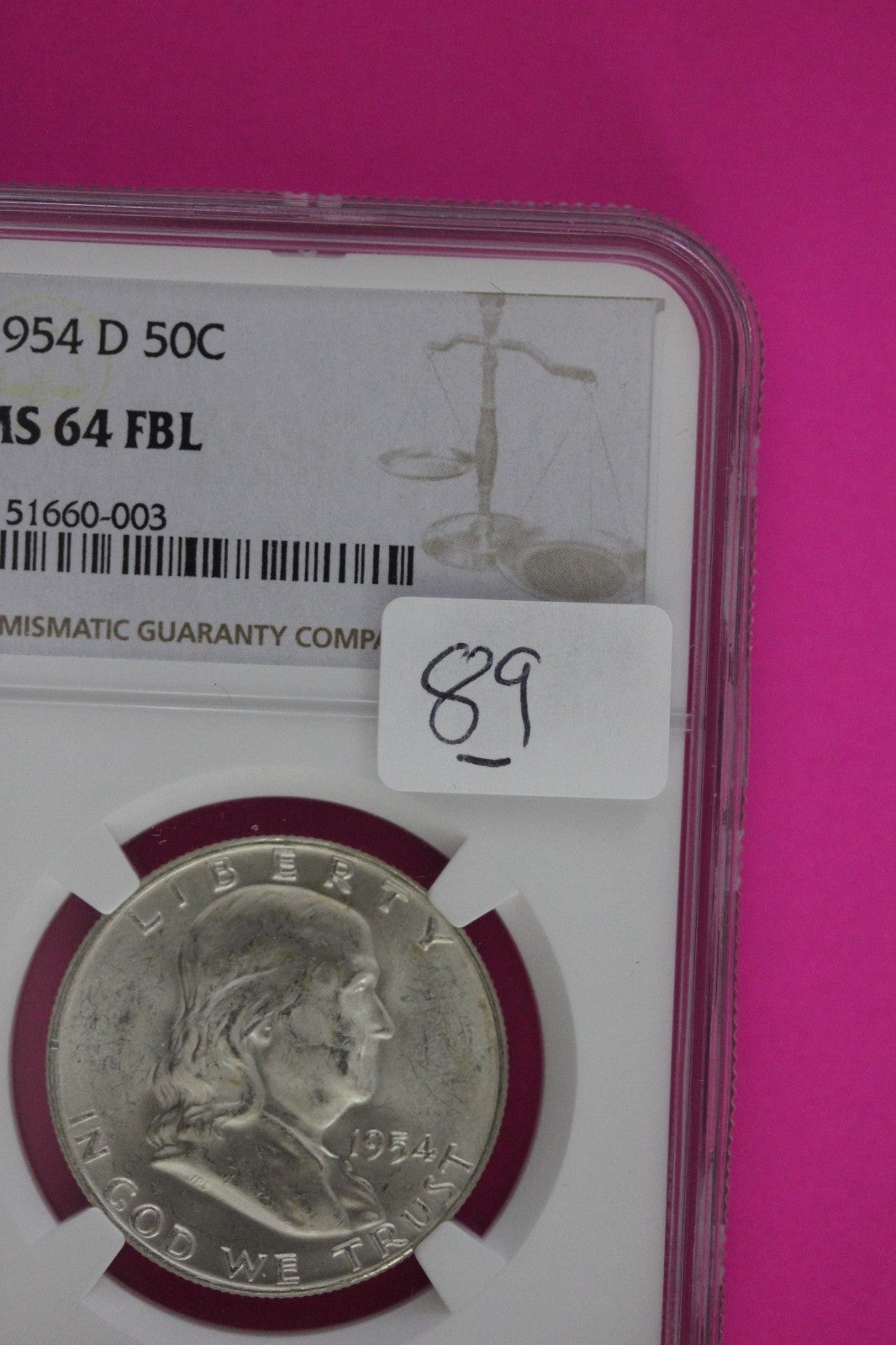 1954 D MS 64 Full Bell Lines Ben Franklin Silver Half Dollar NGC FBL Slab 89