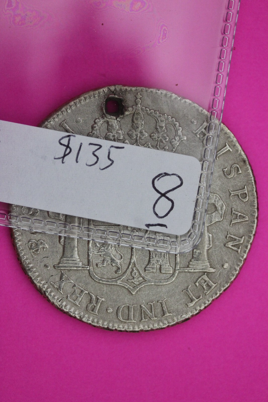 1814 Bolivia Spanish 8 Reales King Ferdin VII Silver Coin Pendant Holed 08