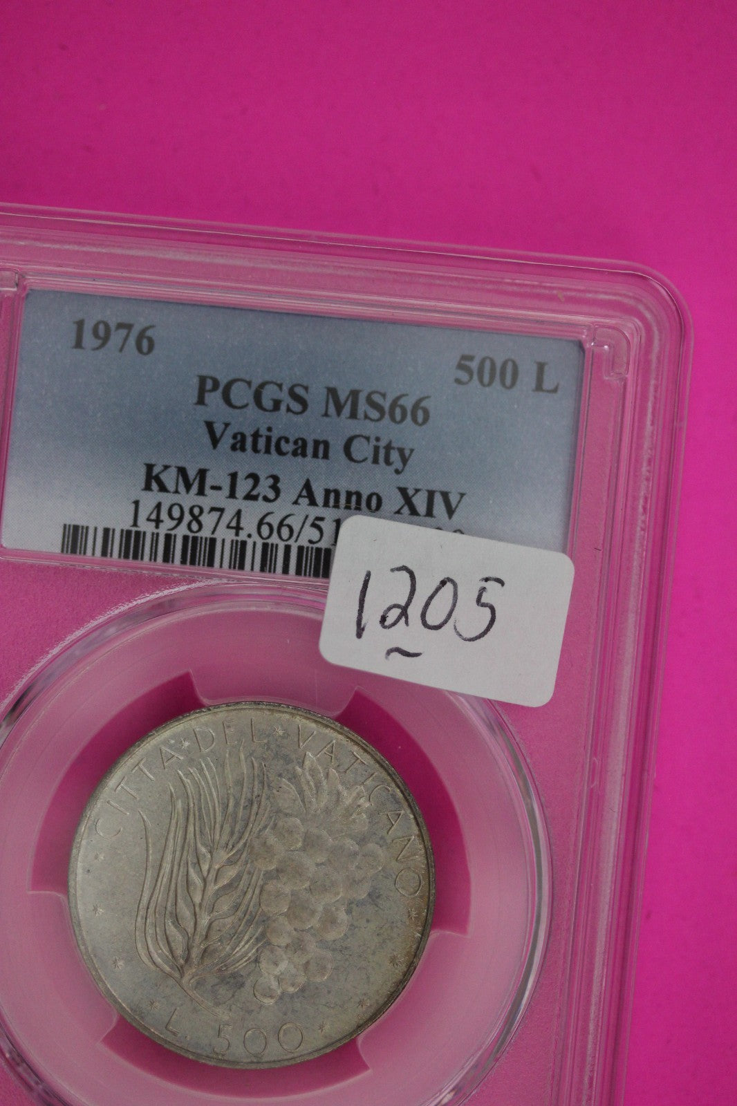 1976 MS 66 Vatican City KM-123 Anno XIV 500 Lire PCGS Certified Graded Slab 1205