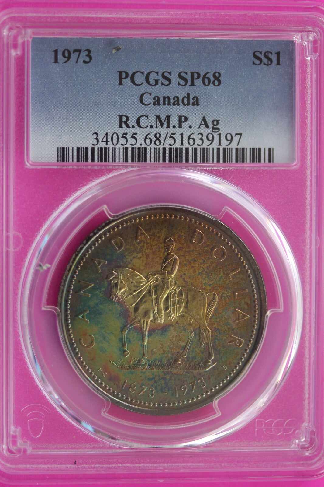 Toned 1973 SP 68 Canada Silver Dollar Royal Mounted Police PCGS Certified 124
