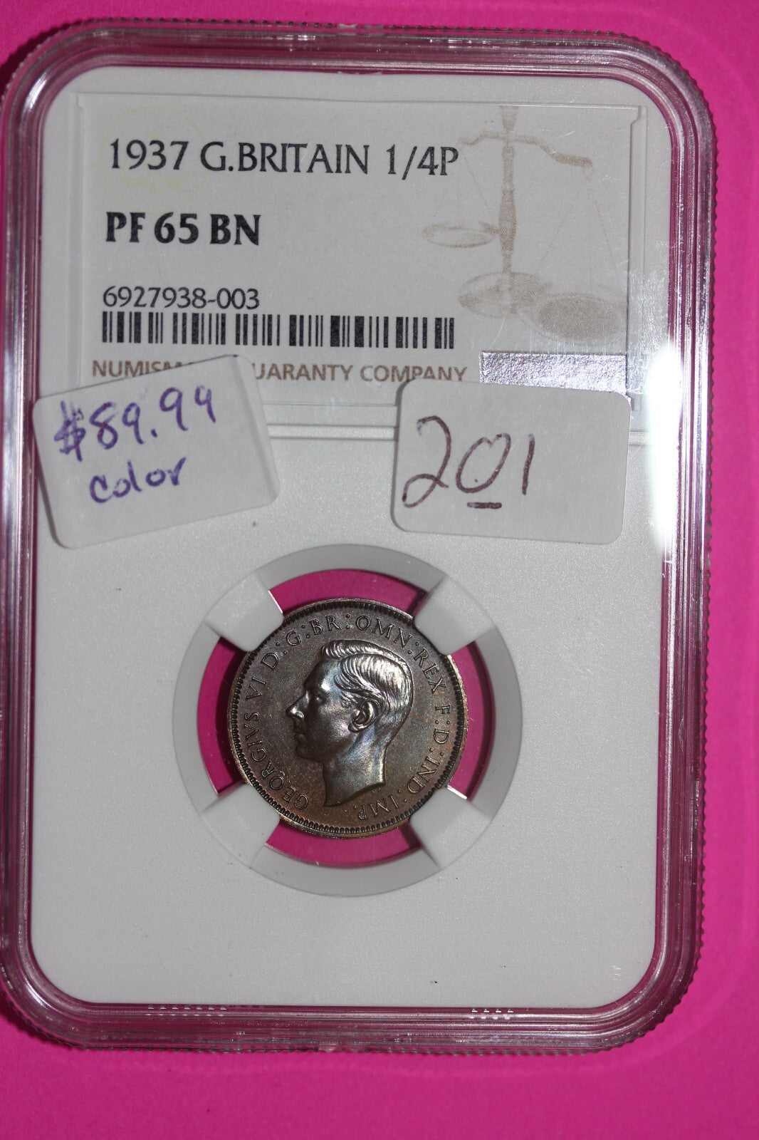 1937 PF 65 Great Britain Proof 1/4 Penny NGC Authentic Certified Authentic 201