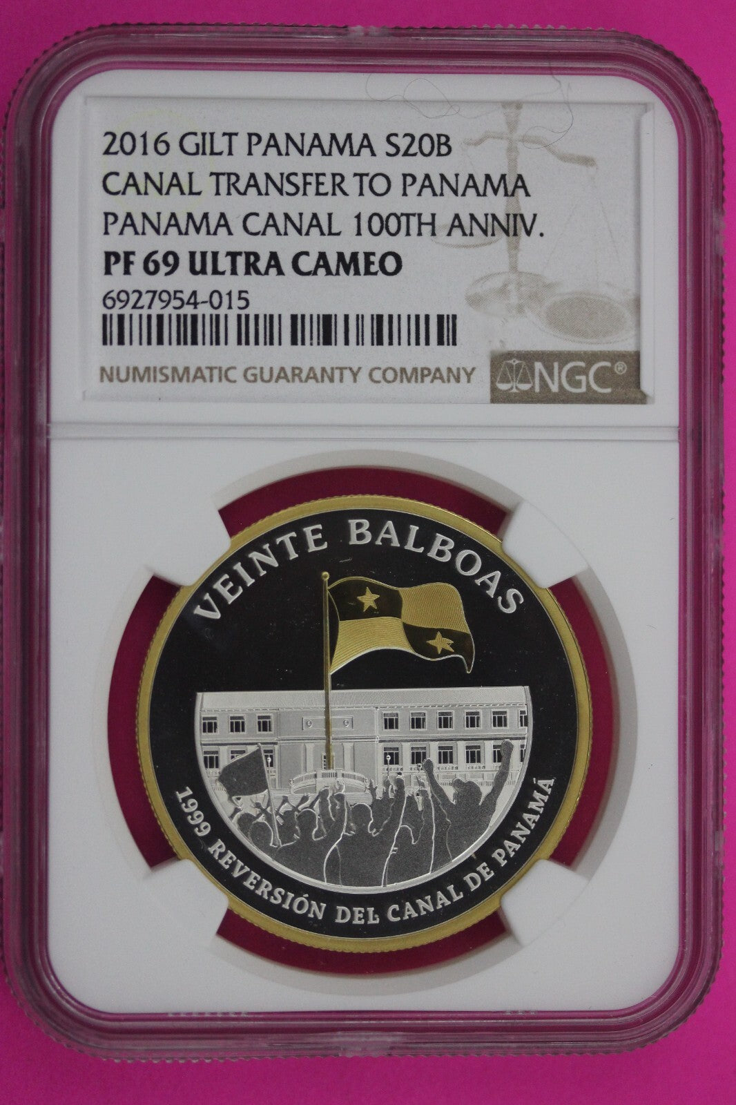 2016 PF 69 Gilt Panama Proof 20 Balboas Canal Transfer 100th Anniversary NGC 190