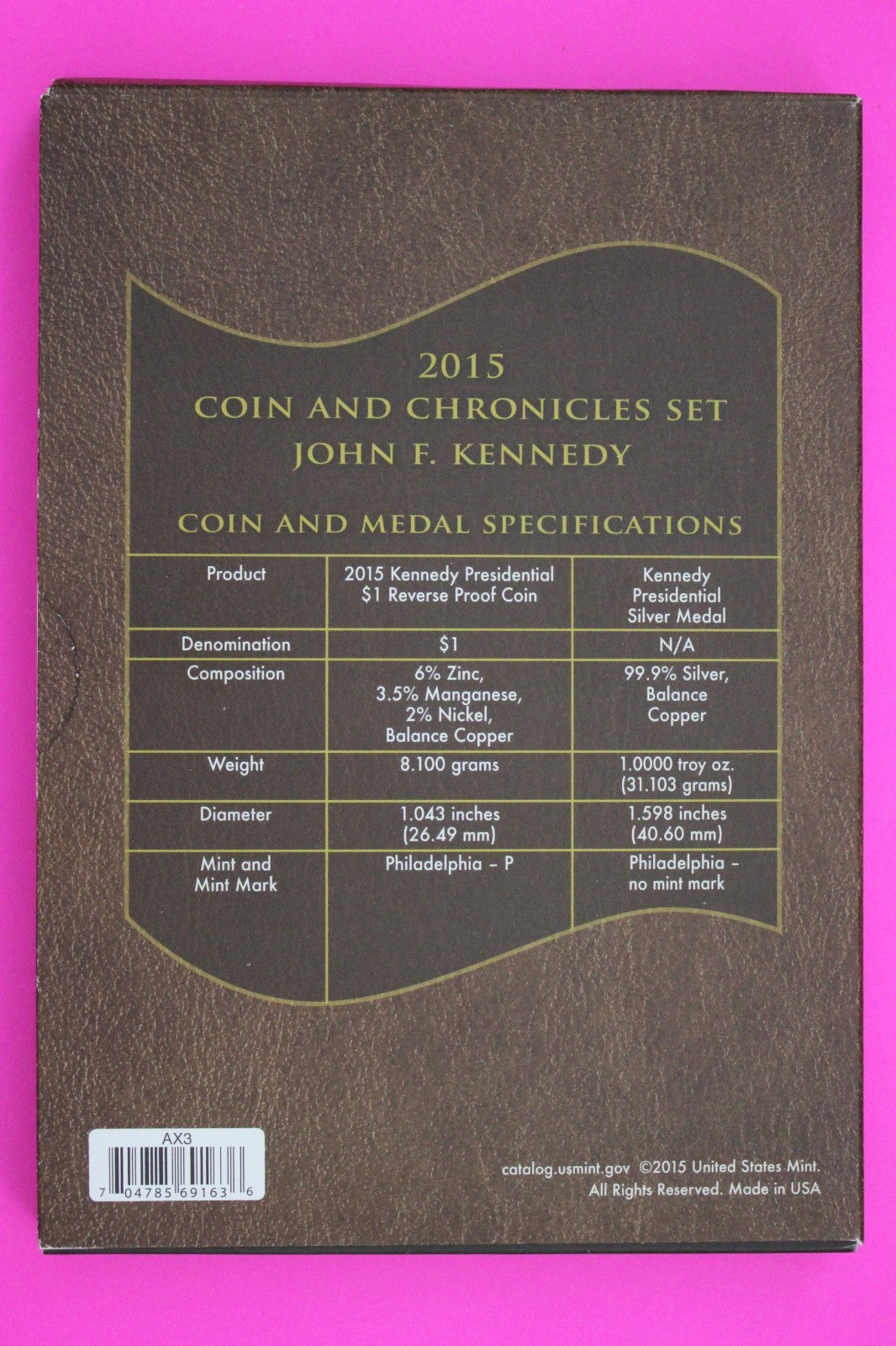 Gem 2015 John Kennedy Coins & Chronicles Mint Set 1 Ounce Silver Box & COA 7054
