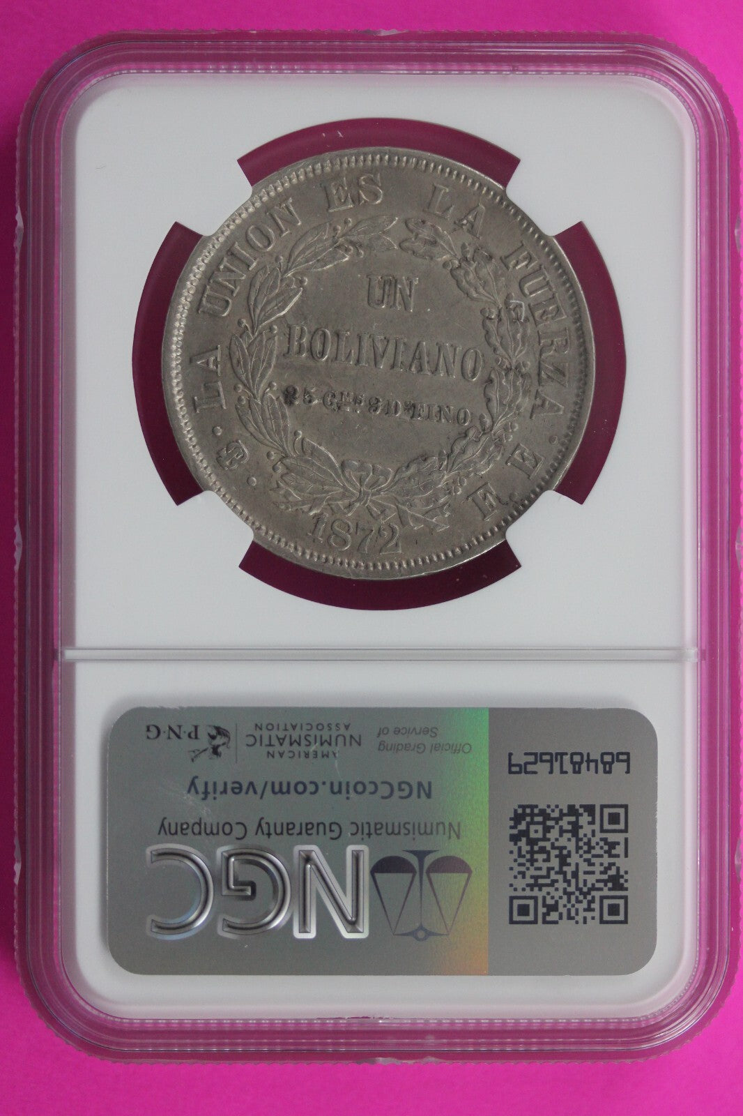 1872 AU 55 Bolivia Oval Shield Boliviano Silver Coin NGC Certified Authentic 561