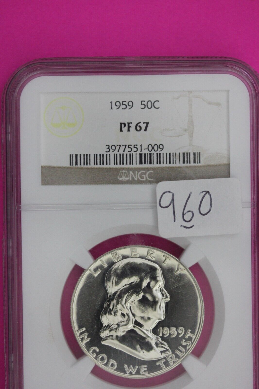 1959 PF 67 Ben Franklin Half Dollar High Grade Proof Silver Coin NGC Slab 960