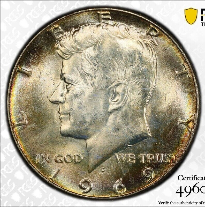 Toned 1969 D Silver MS 65 John F Kennedy Silver Half Dollar PCGS Graded Slab 152