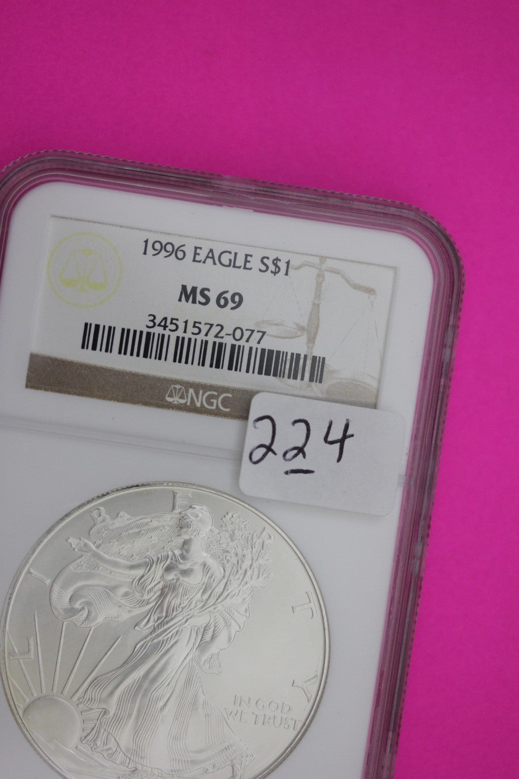 1996 MS 69 Silver Eagle 1 OZ .999 Silver NGC Certified Graded Authentic 224
