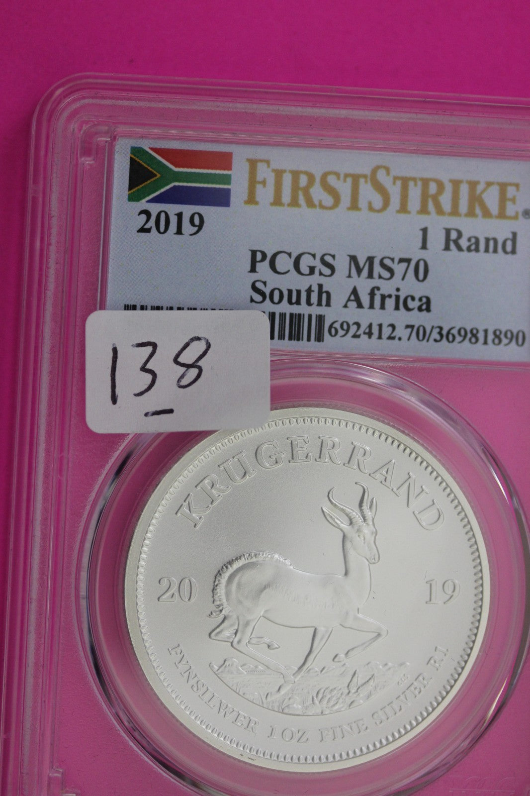 2019 MS 70 South Africa Krugarand 1 OZ Silver Coin PCGS Graded Authentic 138