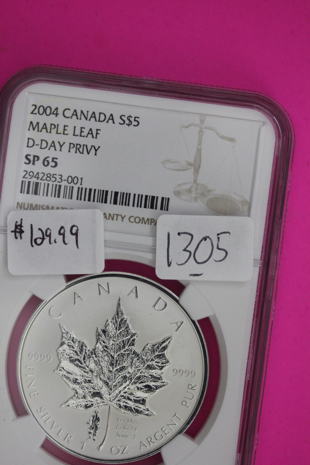 2004 SP 65 Canada D Day Privy Maple Leaf $5 NGC Certified Authentic Slab 1305