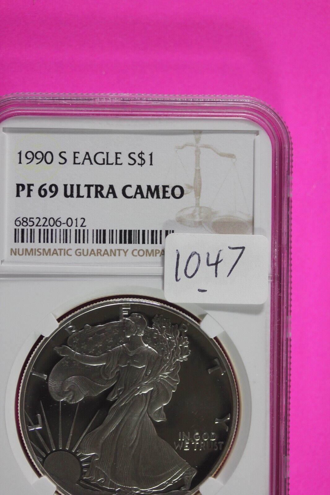 1990 S PF 69 Silver American Eagle Deep Cameo Authentic Proof Coin NGC Slab 1047