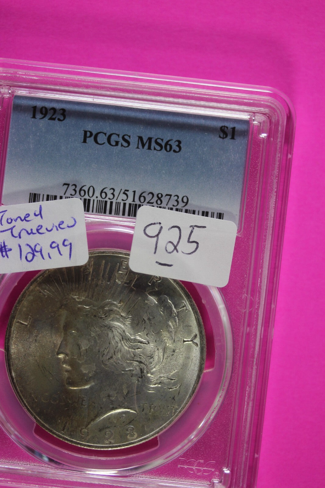 Toned 1923 P MS 63 Peace Silver Dollar PCGS Graded Certified Authentic Slab 925