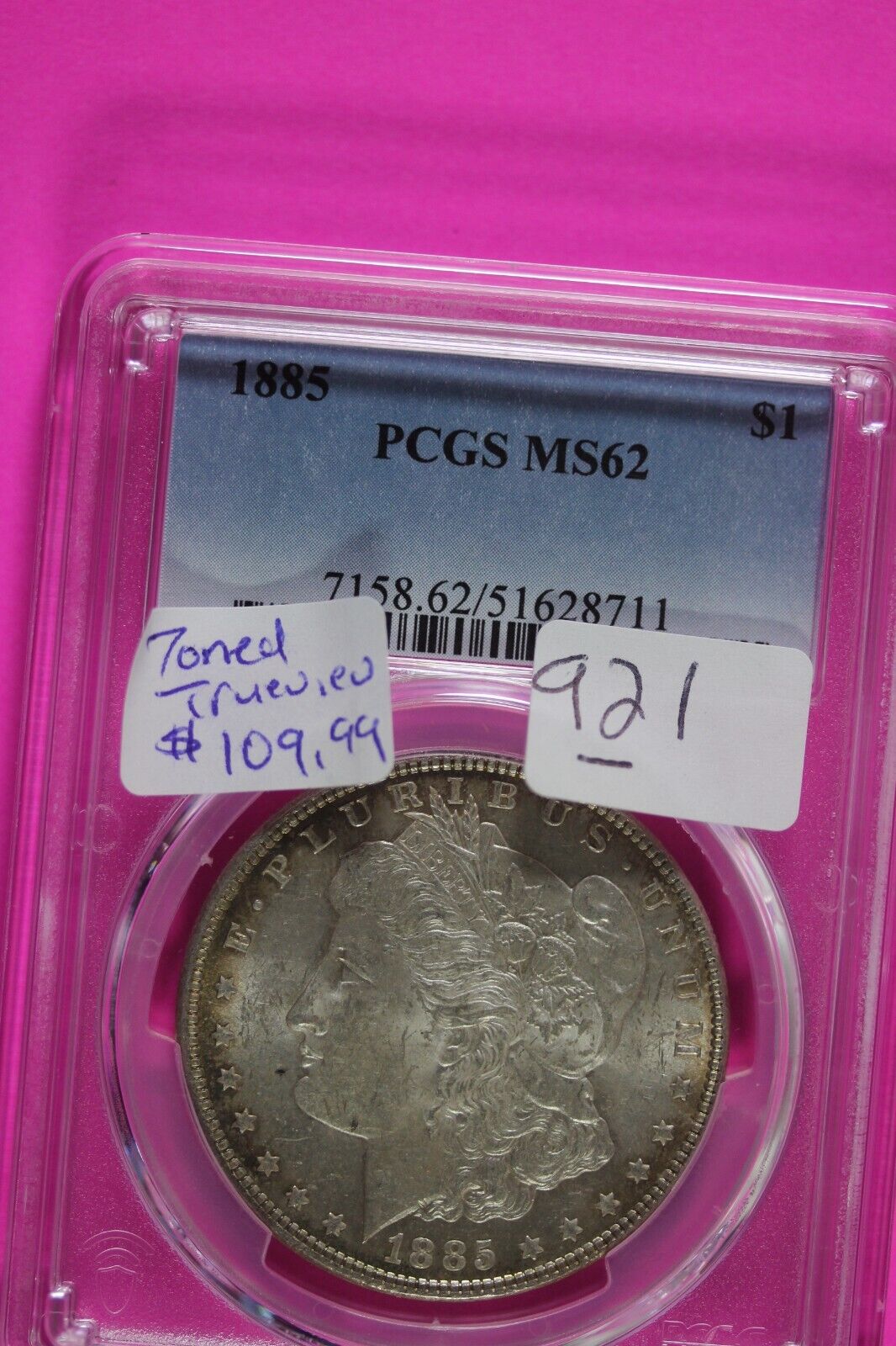 Toned 1885 P MS 62 Liberty Morgan Silver Dollar PCGS Certified Graded Slab 921