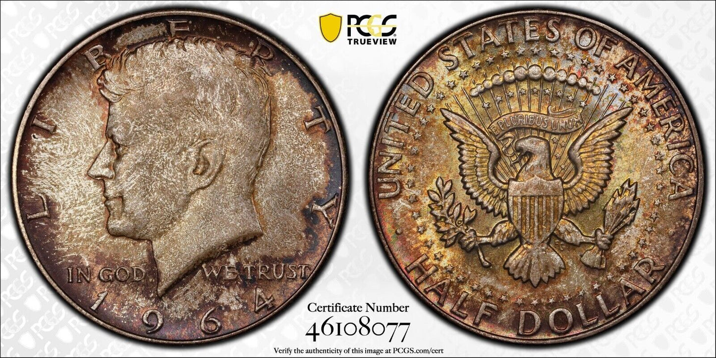 Toned Color 1964 P MS 64 Kennedy Half Dollar PCGS Graded Trueview Slab 1214
