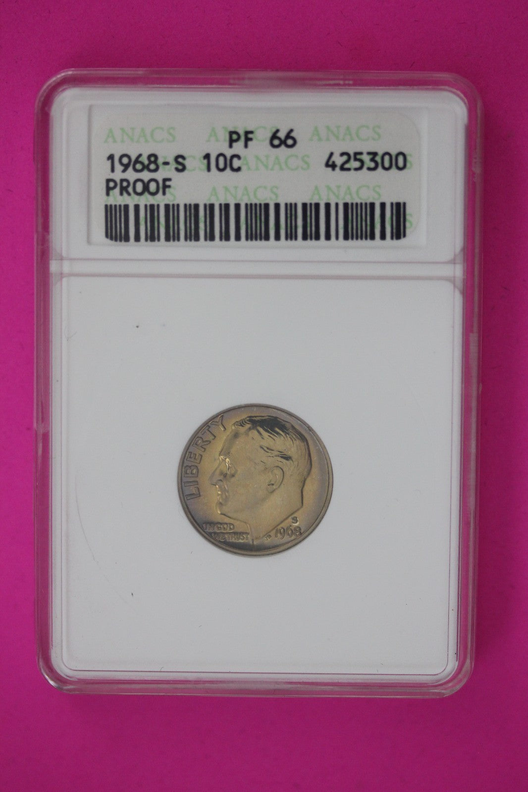 Toned 1968 S PF 66 Roosevelt Dime Deep Cameo ANACS Certified Graded Slab 1293