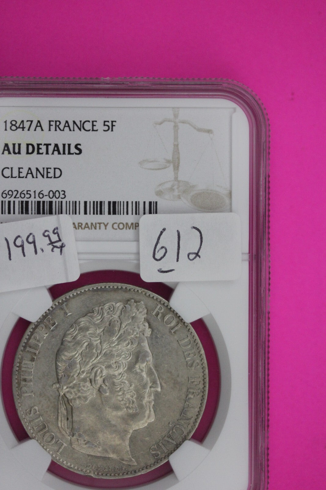 1847 AU Details France 5 Francs Silver Coin NGC Certified Authentic Slab 612