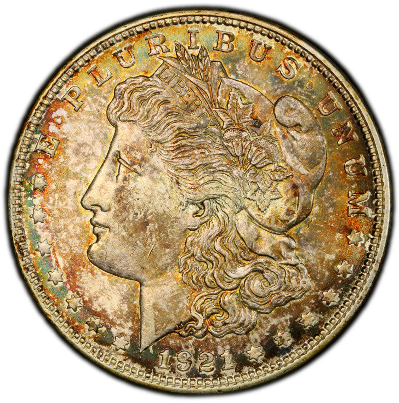 Toned 1921 D MS 62 Morgan Liberty Silver Dollar PCGS Certified Graded Slab 374