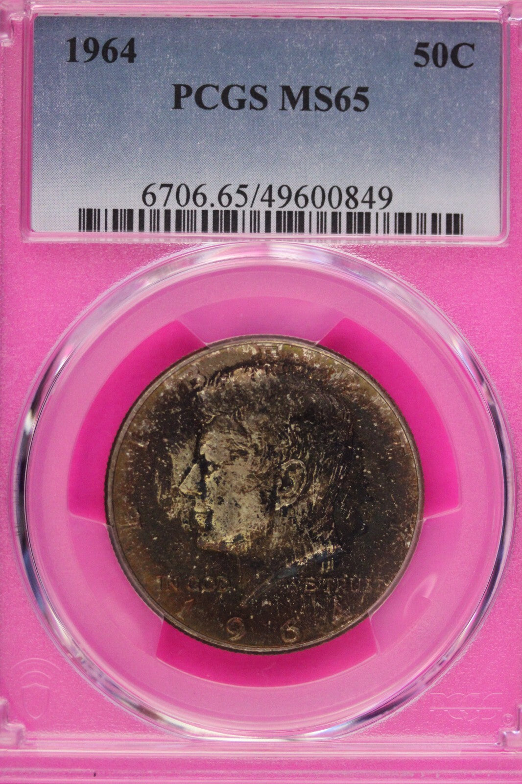 Toned 1964 P Silver MS 65 John F Kennedy Silver Half Dollar PCGS Graded 331