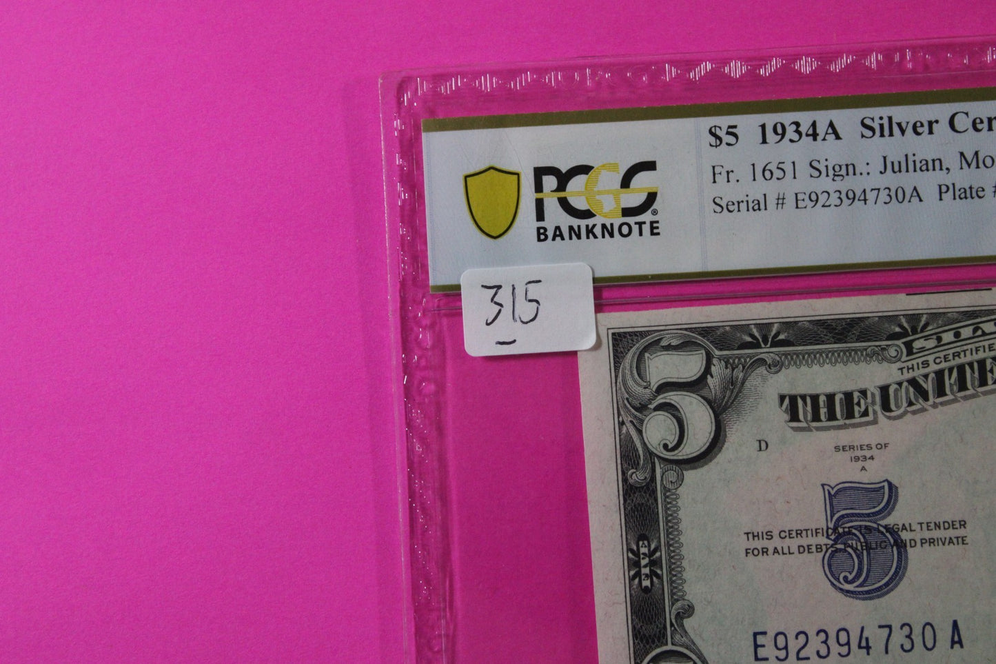 1934 A Choice Unc 64 PPQ $5 Five Dollars Silver Certificate PCGS Graded Note 315