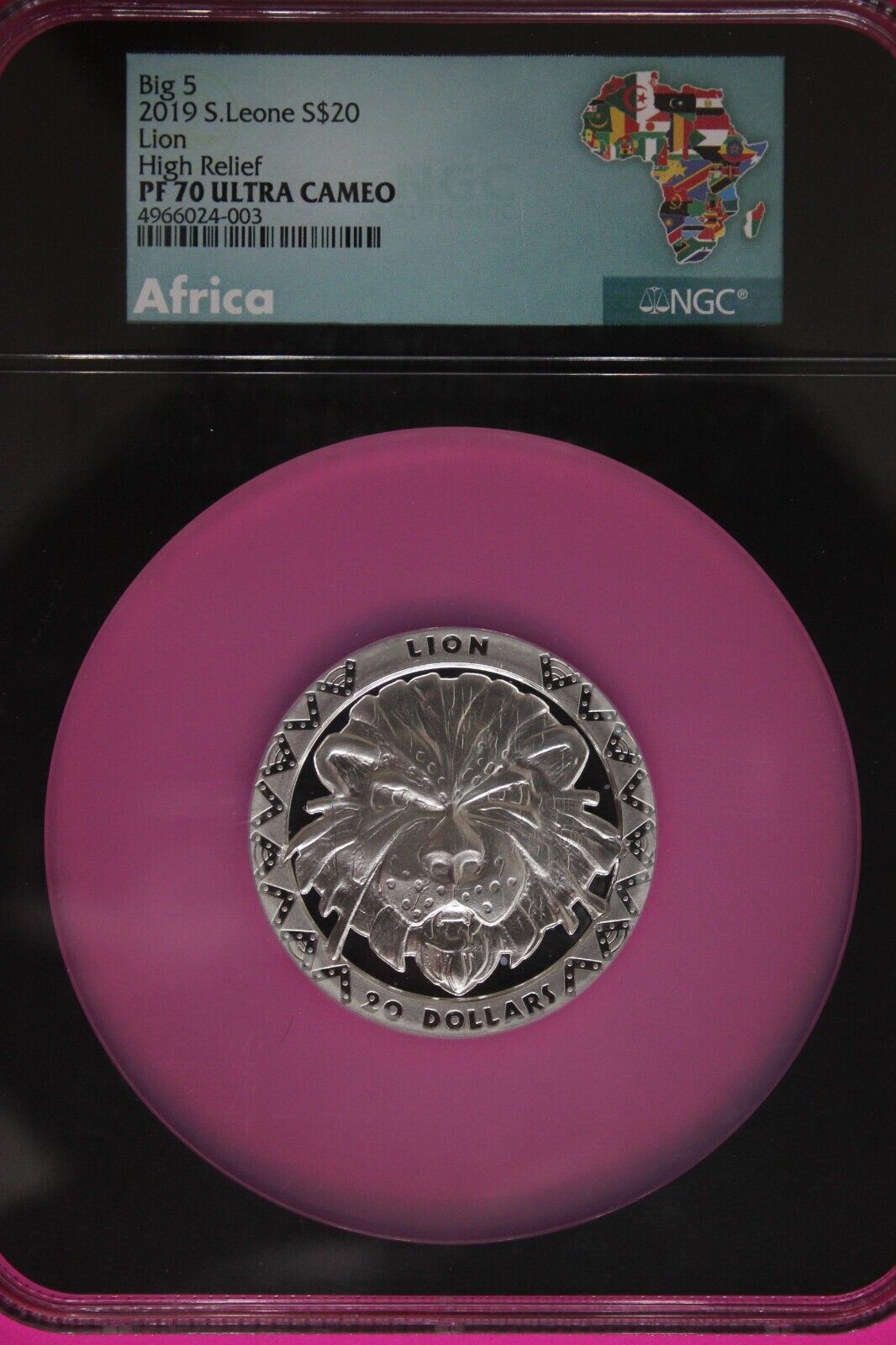 2019 PF 70 2 Ounces Silver Lion High Relief 20 DSierra Leone .999 Fine NGC 7049