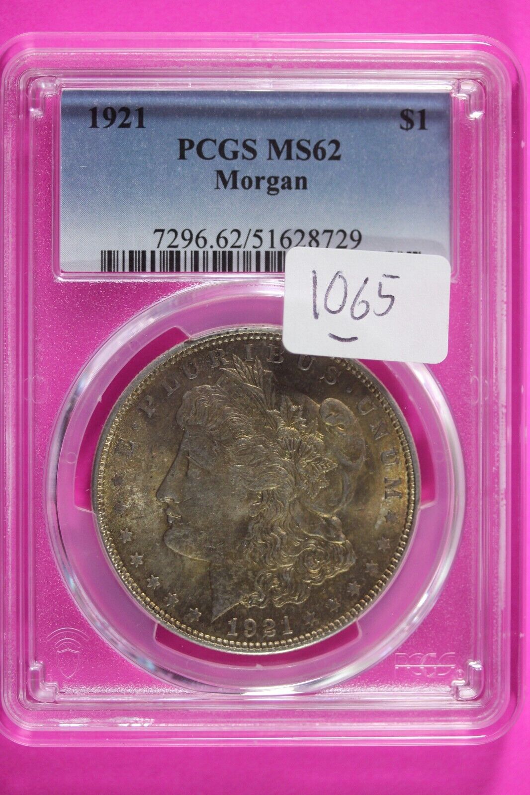 Toned 1921 P MS 62 Liberty Morgan Silver Dollar PCGS Certified Graded Slab 1065