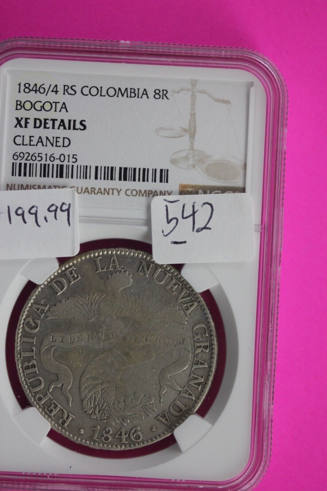1846/4 XF Details Colombia 8 Reales Cleaned Silver Coin NGC Graded Authentic 542