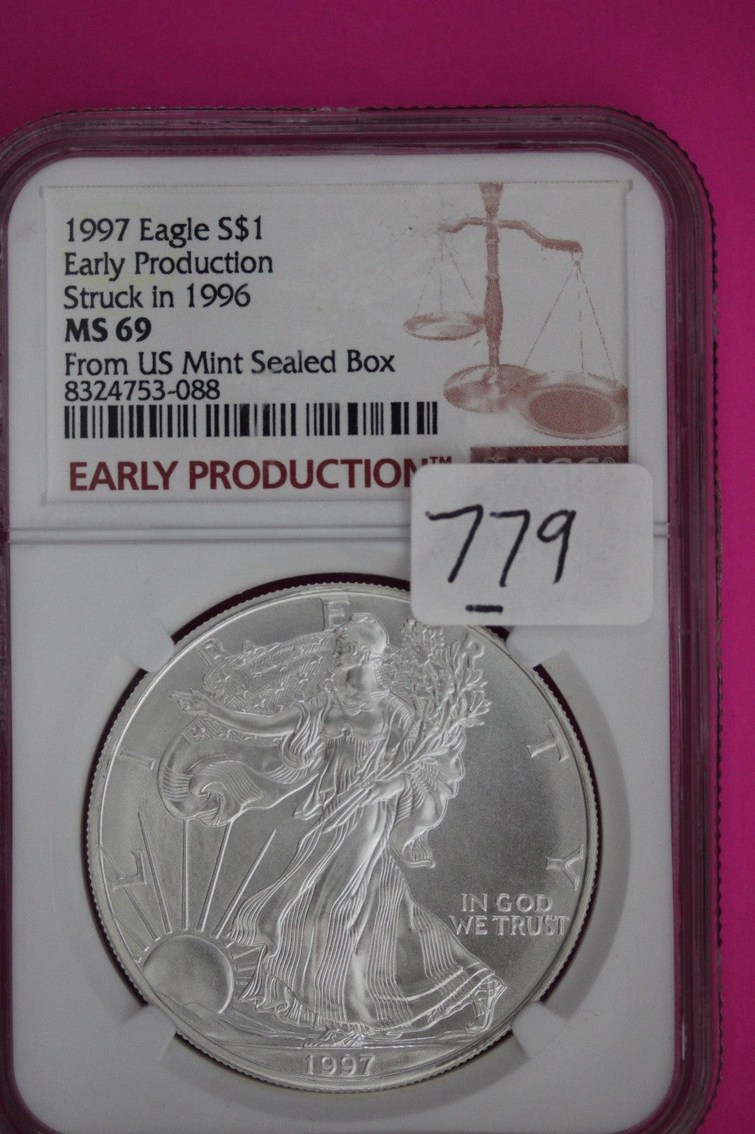 1997 Early Production Struck in 1996 MS 69 Silver Eagle Coin NGC Certified 779