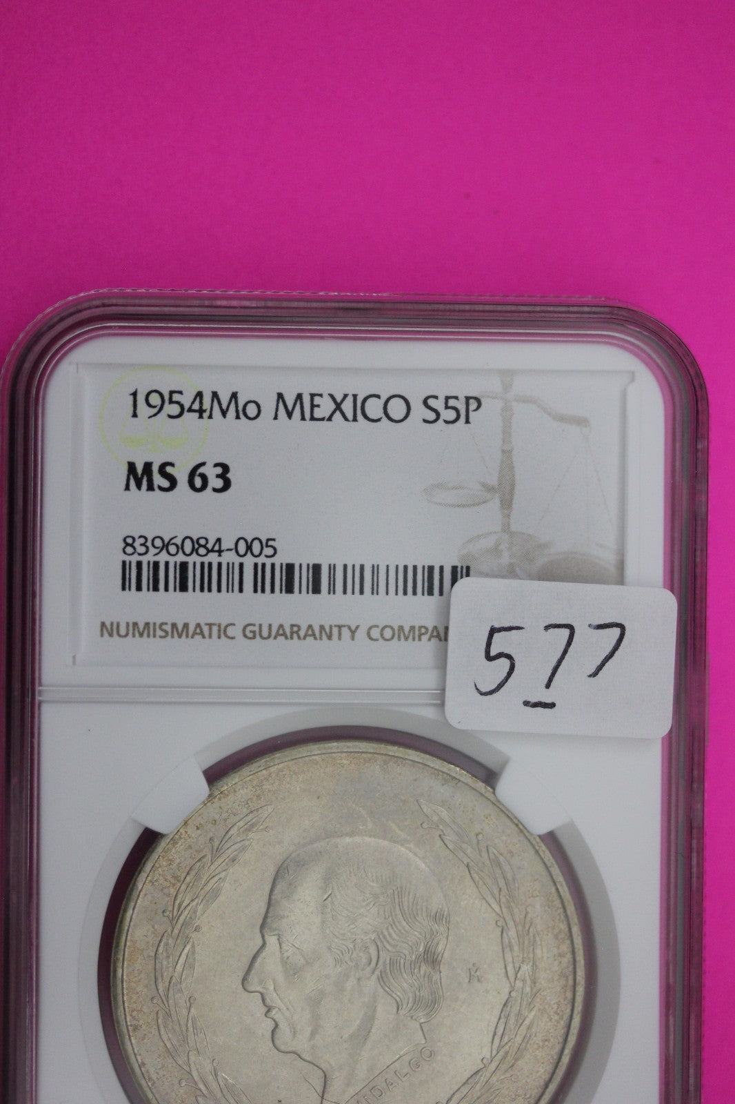 1954 MS 63 Mexico 5 Pesos Silver Coin NGC Authentic Graded Authentic Slab 577