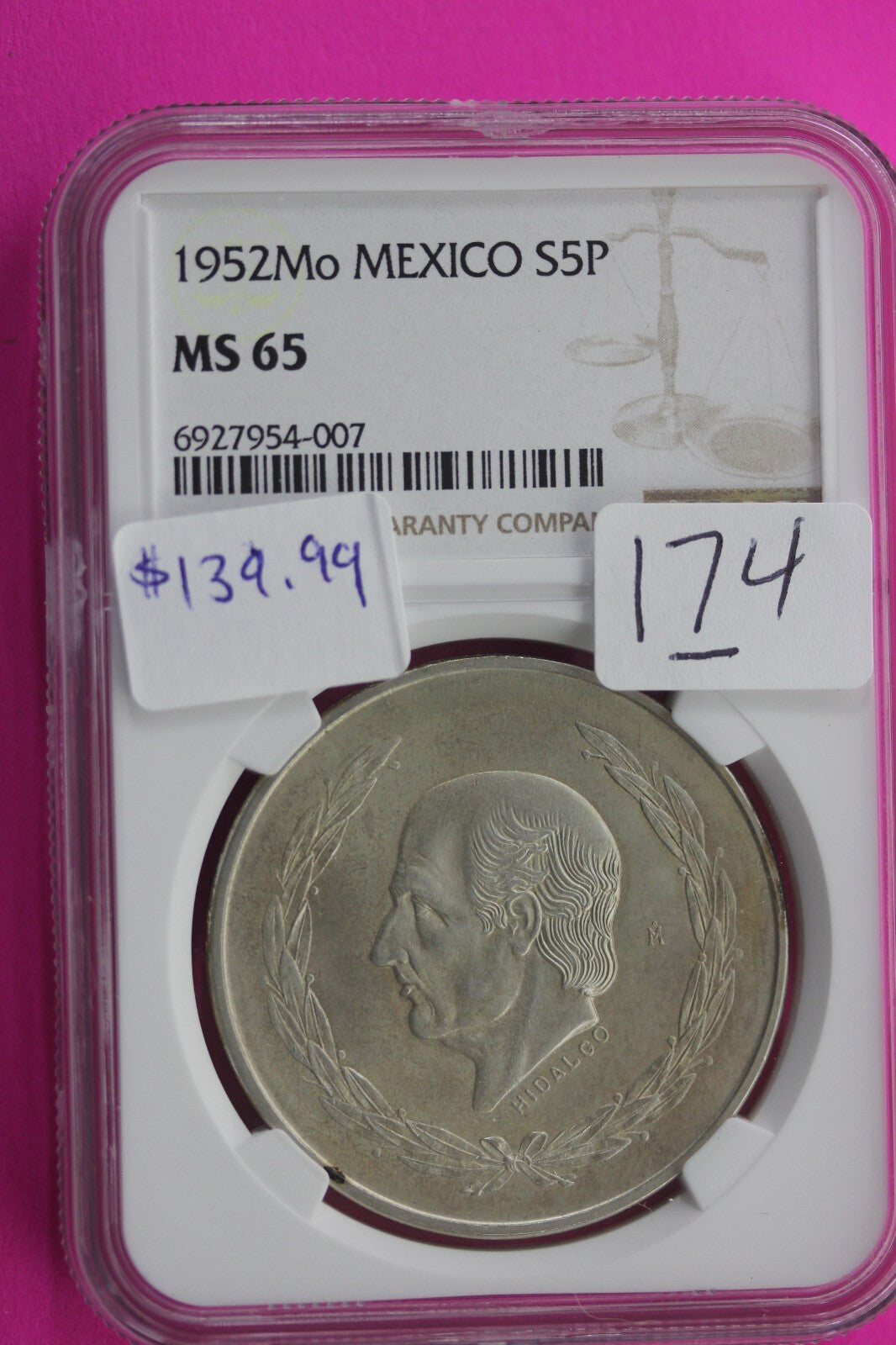 1952 MS 65 Mexico 5 Pesos Silver Coin NGC Certified Graded Authentic Slab 174
