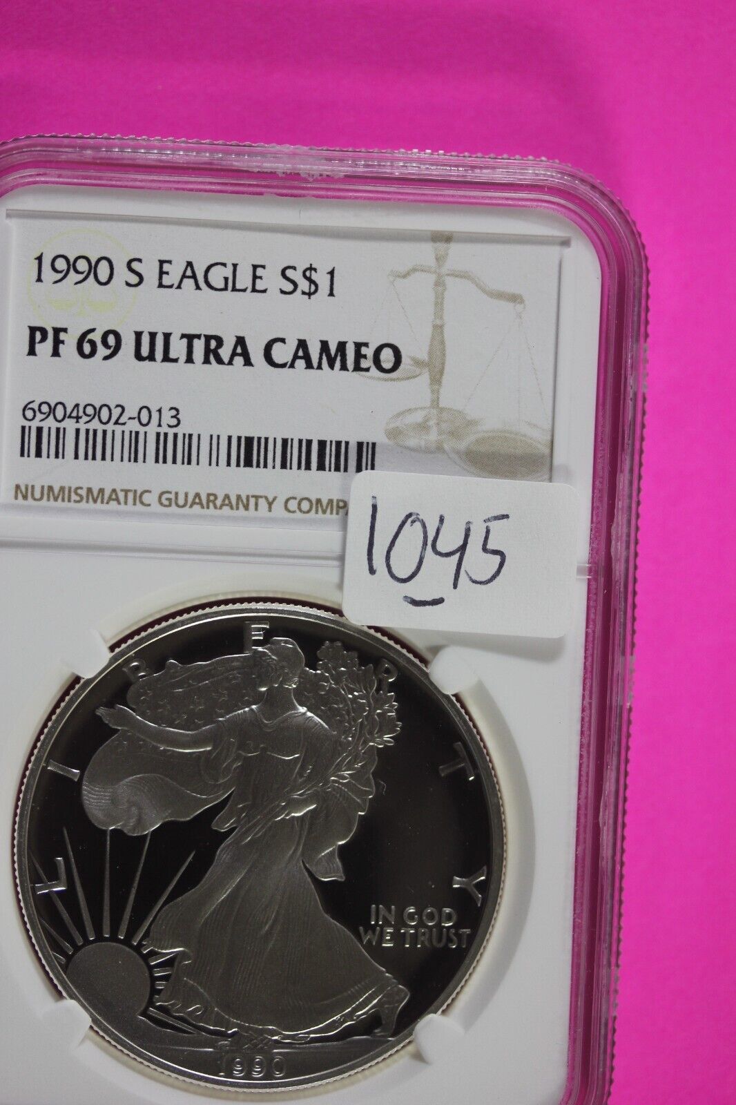 1990 S PF 69 Silver American Eagle Deep Cameo Authentic Proof Coin NGC Slab 1045