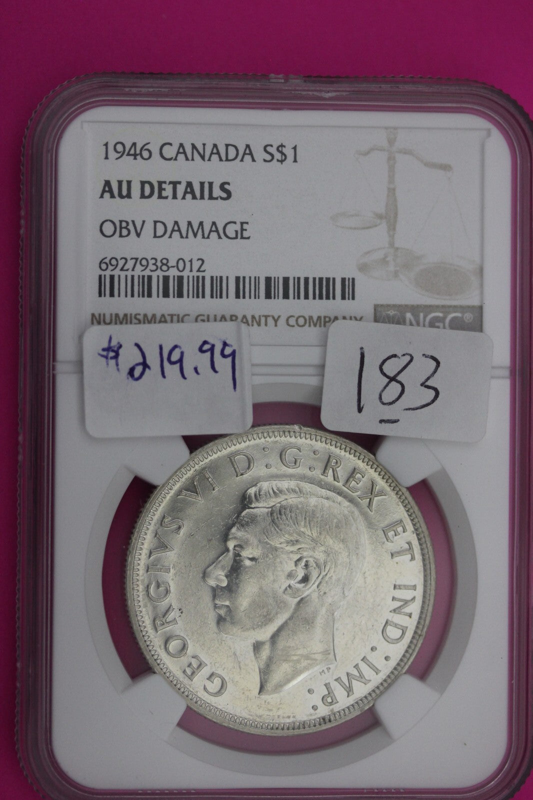 1946 AU Details Canada Silver Dollar OBV Damage NGC Certified Authentic Slab 183